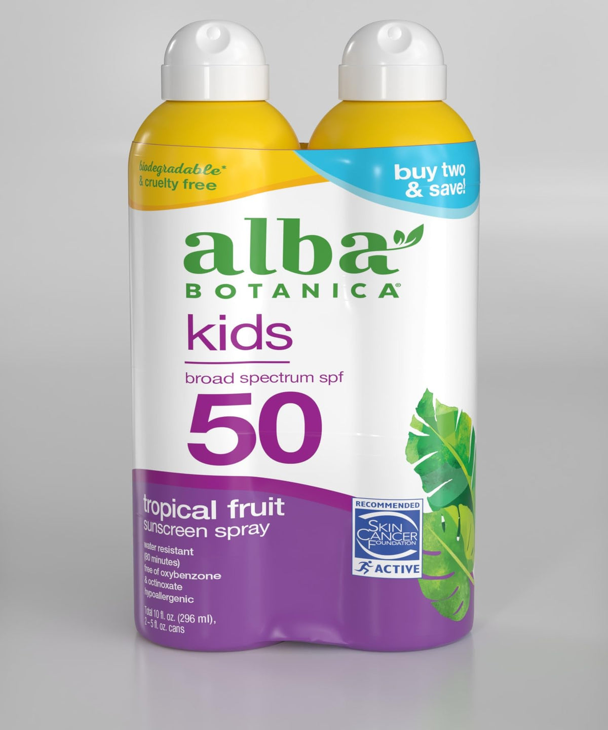 Alba Botanica Kids Sunscreen Spray tropical fruit bottle on the go protects face and body.