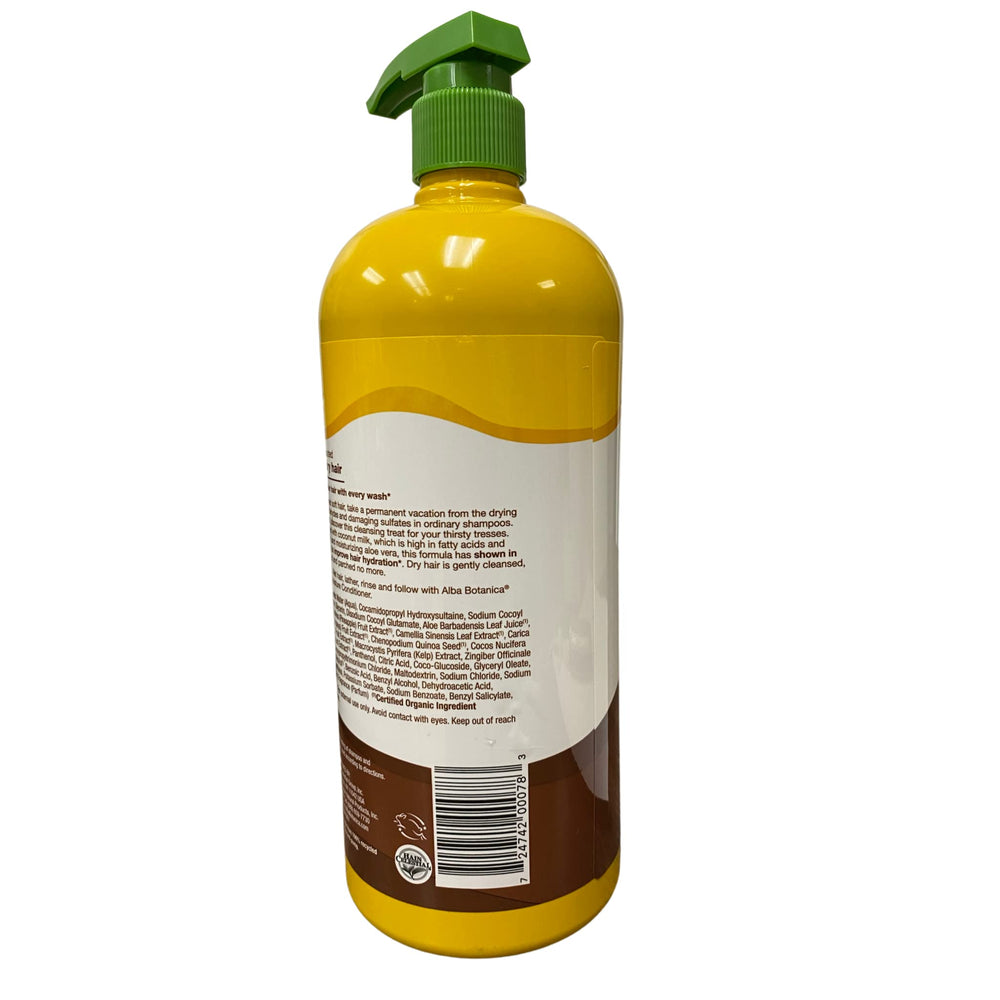 Alba Botanica More Moisture Shampoo in shower demonstrates smoothing for hair.
