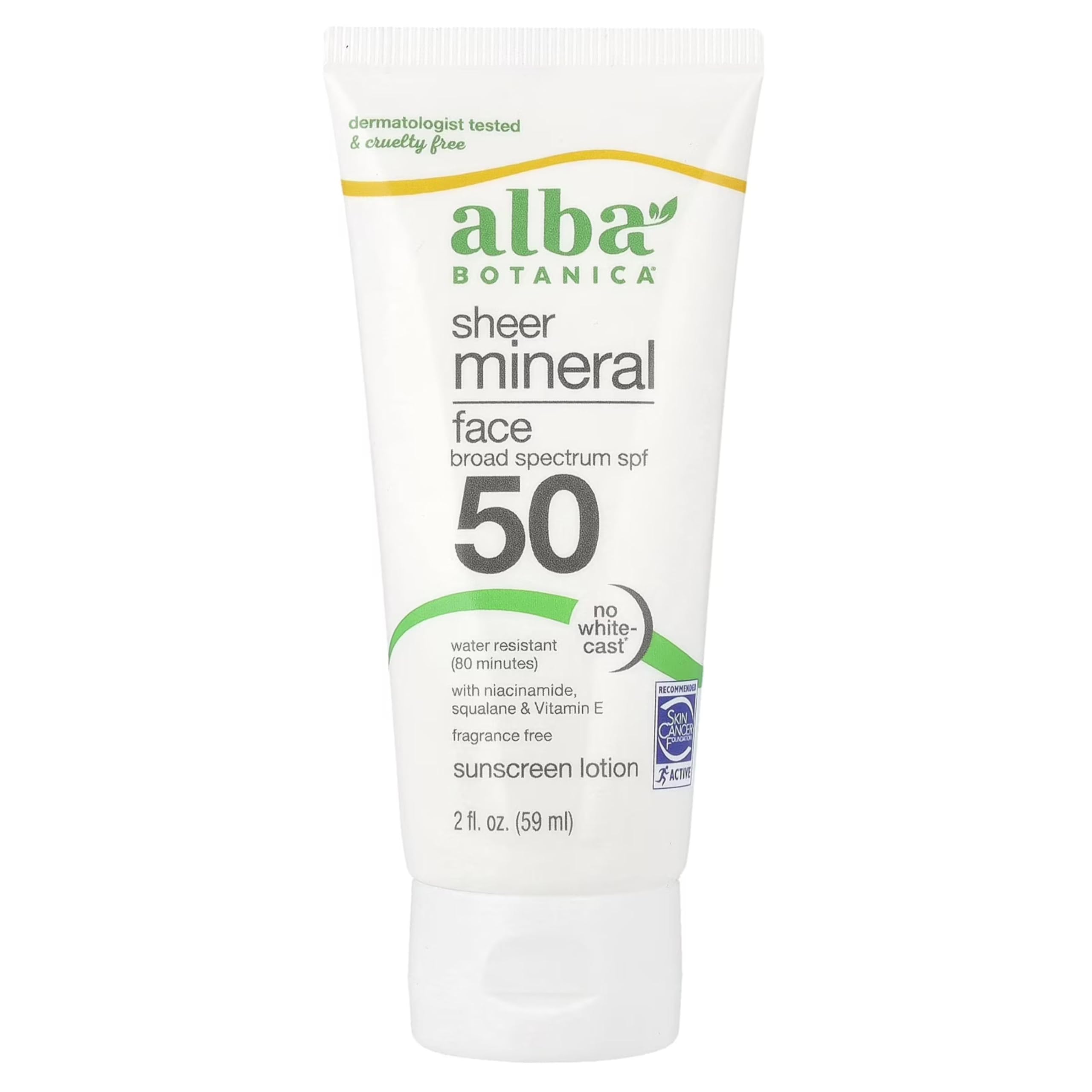 Alba Botanica frasco de 60 ml con protección solar diaria para la piel del rostro.