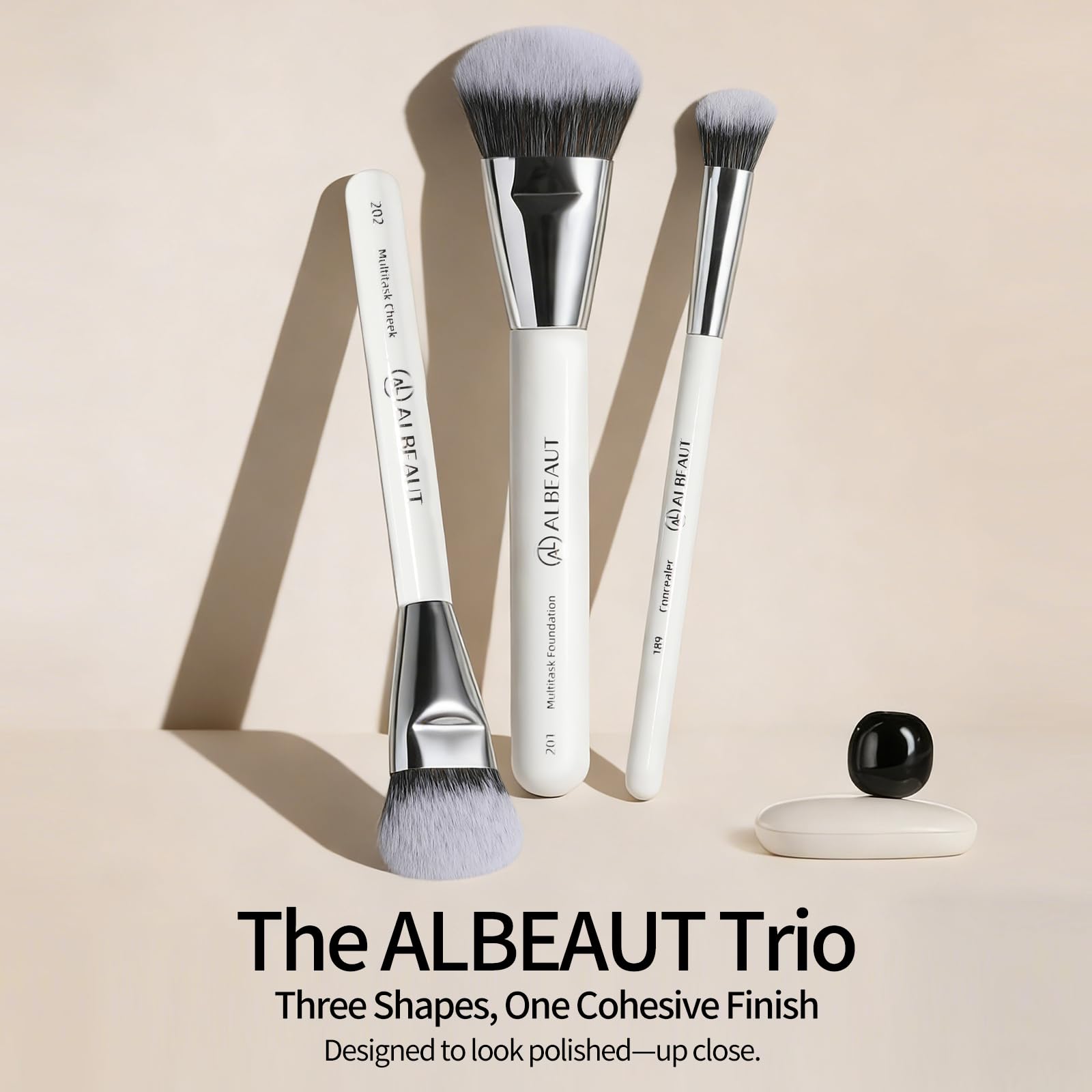 ALBEAUT 201 contoured foundation brush follows facial planes for even base