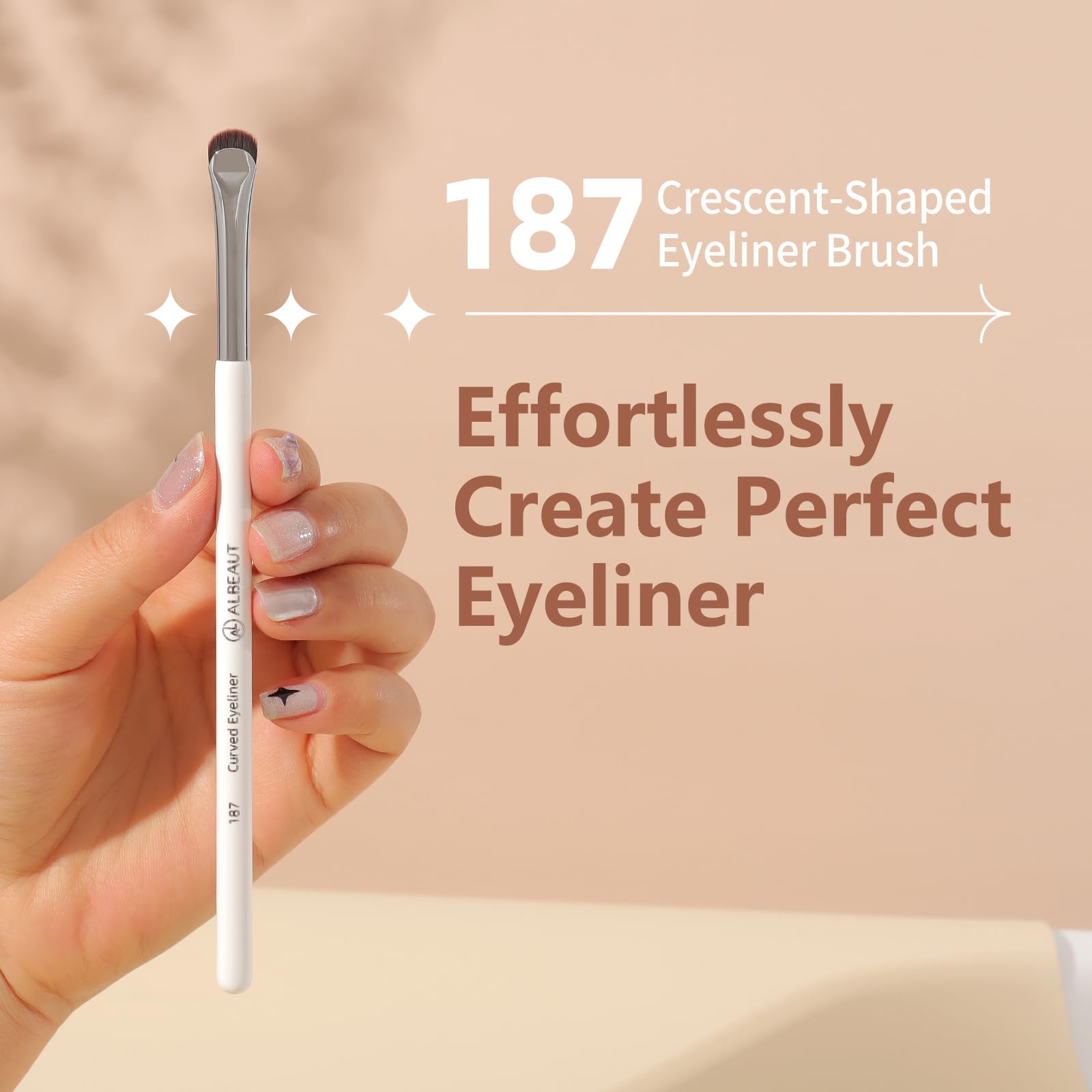 ALBEAUT Crescent dual-direction design demonstrates ambidextrous control for eyeliner.
