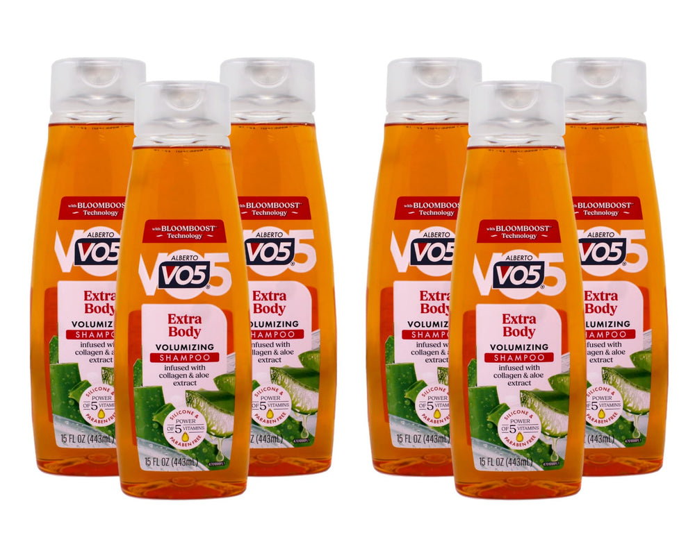 Caja de seis champús Alberto VO5 Extra Body para uso en casa.