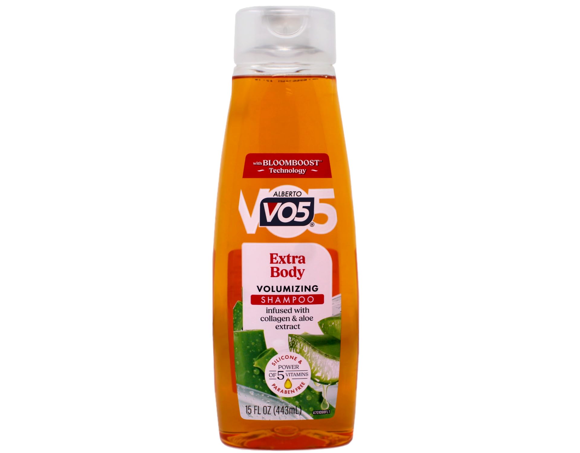 Alberto VO5 Extra Body champú, etiqueta visible, fórmula para volumen.