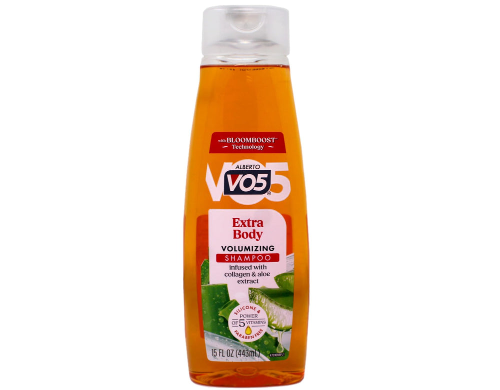 Alberto VO5 Extra Body champú, etiqueta visible, fórmula para volumen.