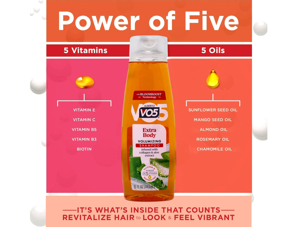 Paquete de seis botellas Alberto VO5 Extra Body para cuidado constante del cabello.