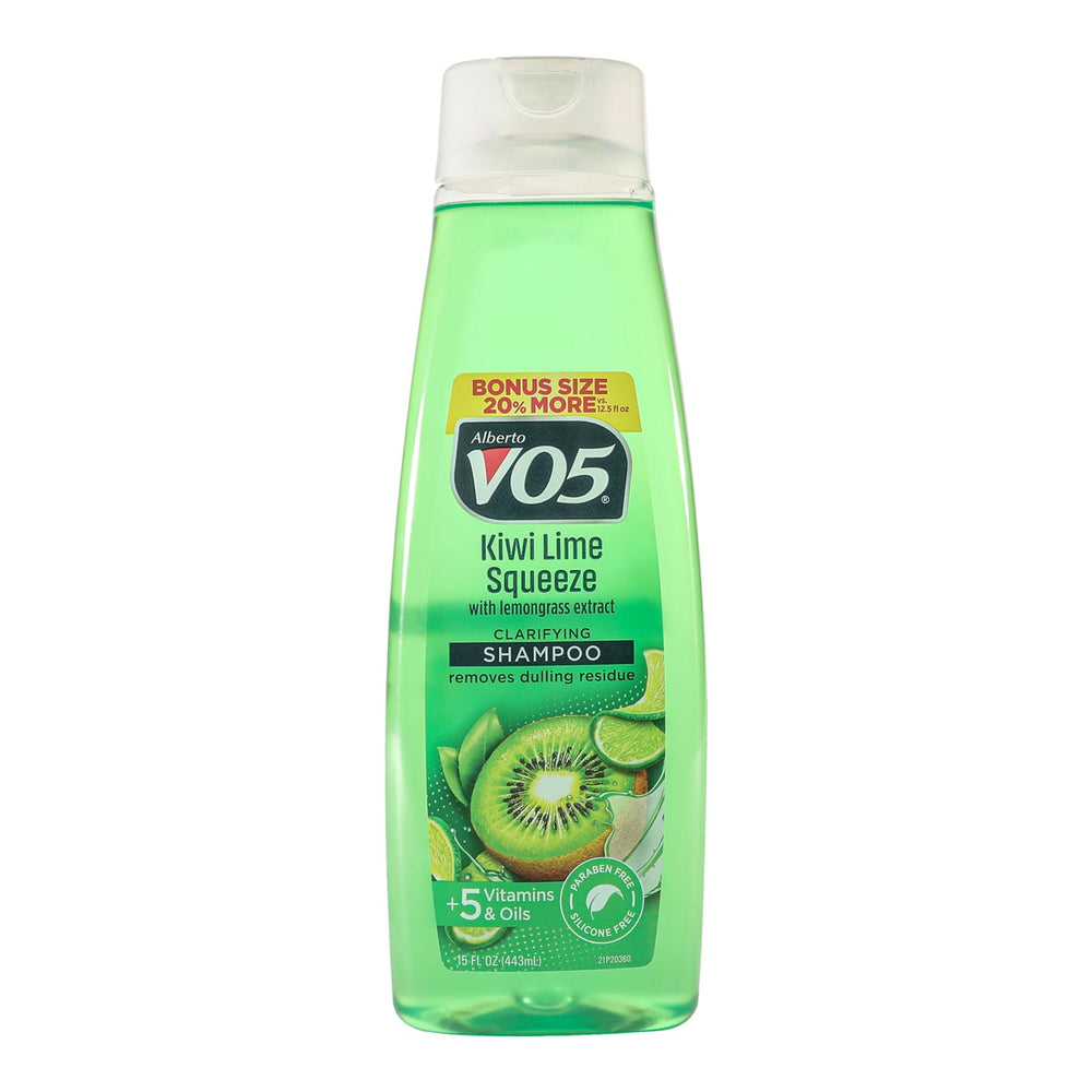 Alberto VO5 Kiwi Lime Squeeze champú clarificante en botella, hidratación suave y revitalizante.