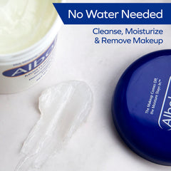 Albolene makeup remover balm swatch showing easy removal of waterproof mascara.