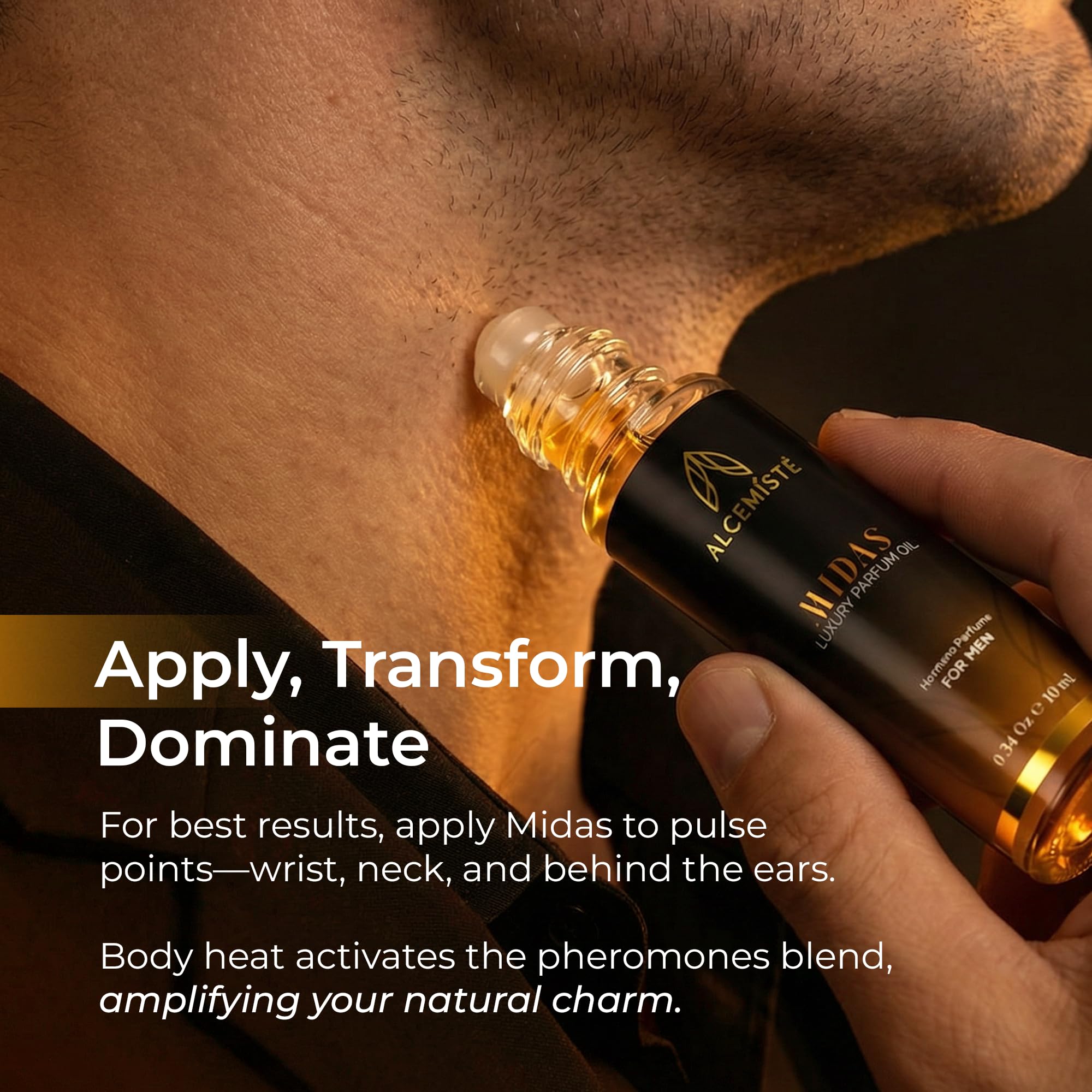 A man applying ALCEMÍSTÉ before meeting to boost confidence.