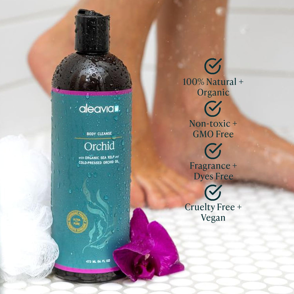 Aleavia Body Cleanse foam lather showing gentle cleansing and orchid scent.