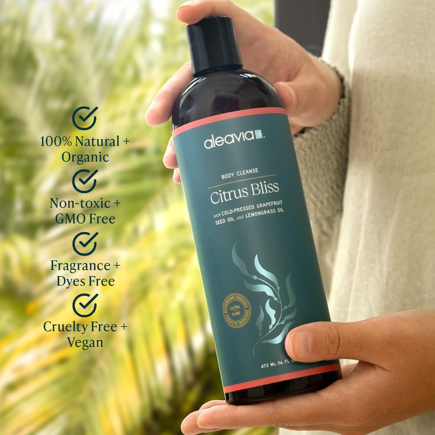 Aleavia Citrus Bliss bottle label close-up highlights essential oils for refreshing cleanse