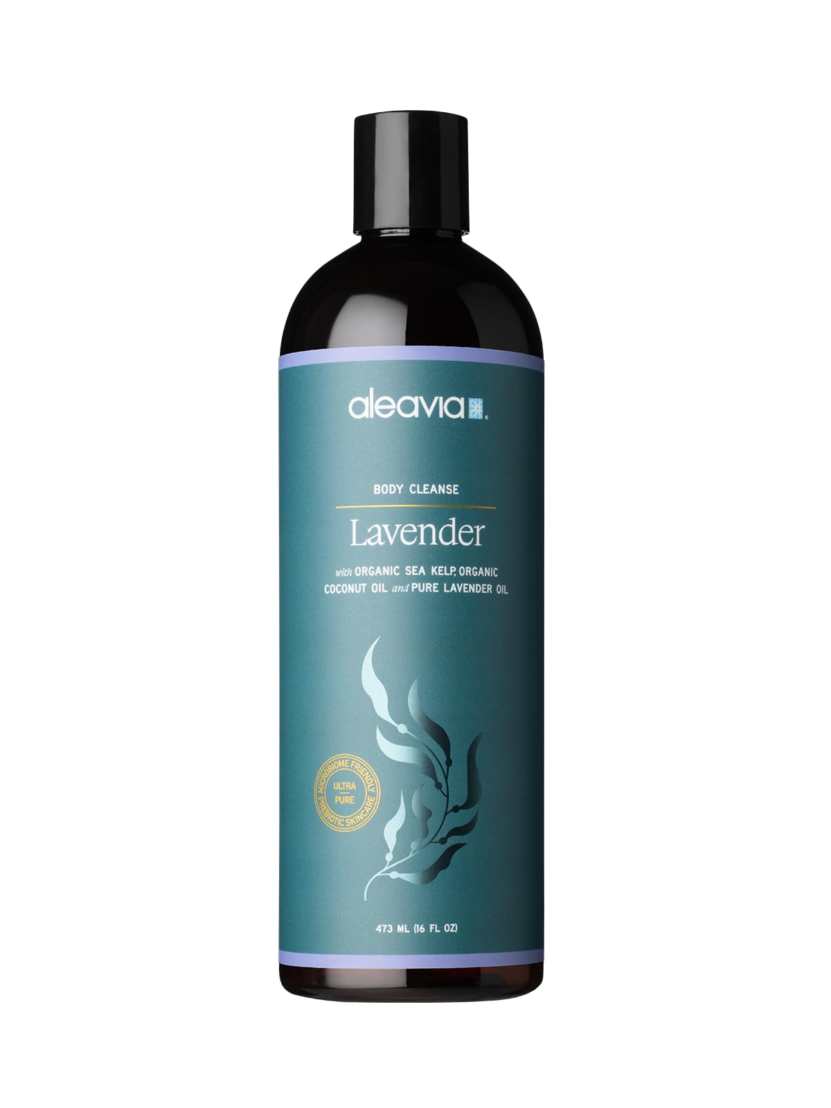 Aleavia Lavender Body Cleanse bottle on a counter, promoting gentle cleansing for sensitive skin.