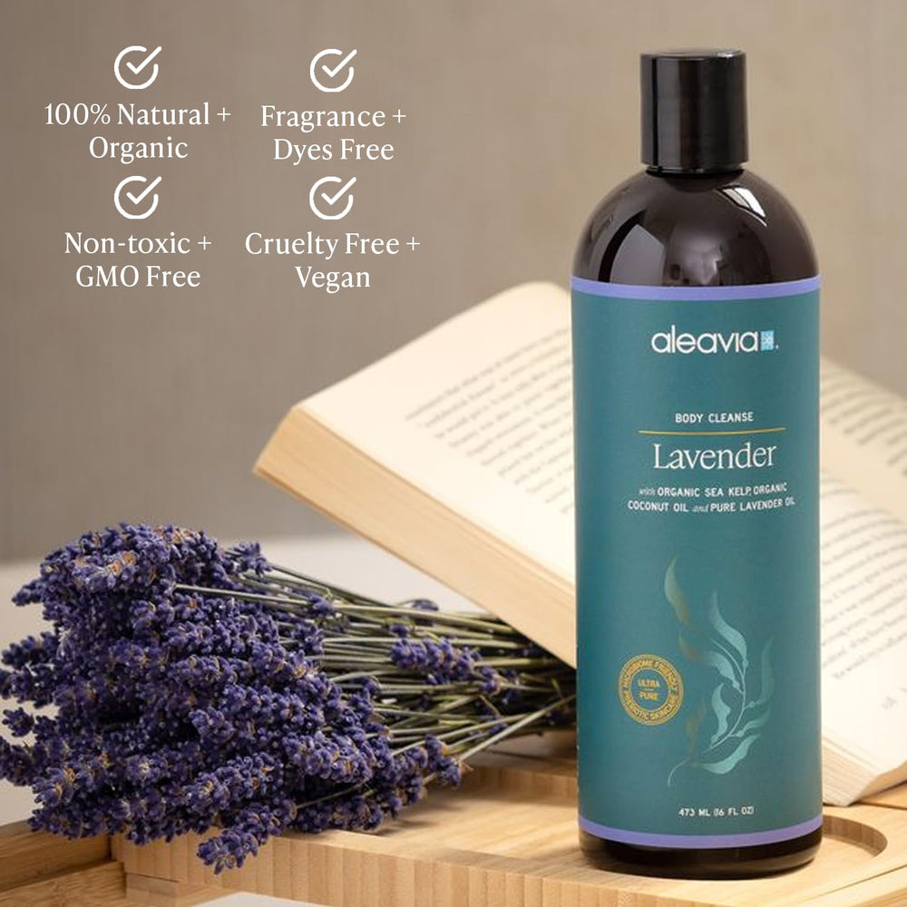 Aleavia Lavender Body Cleanse ingredients include coconut oil and sea minerals for balanced skin.
