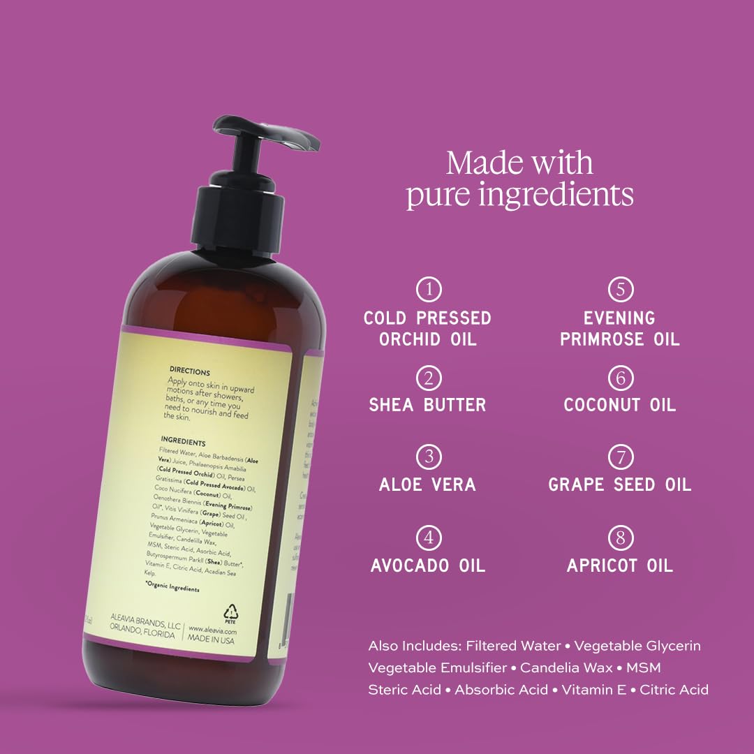 Aleavia Orchid Prebiotic Body Lotion packaging signals clean, toxin-free skincare