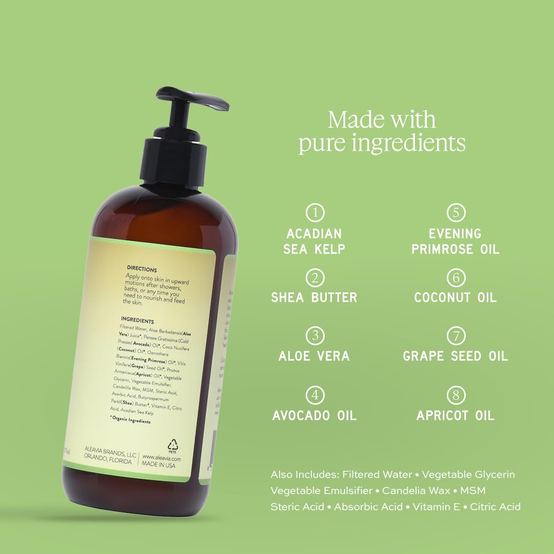 Aleavia Unscented Prebiotic Body Lotion texture swirl highlights creamy, non-greasy hydration.