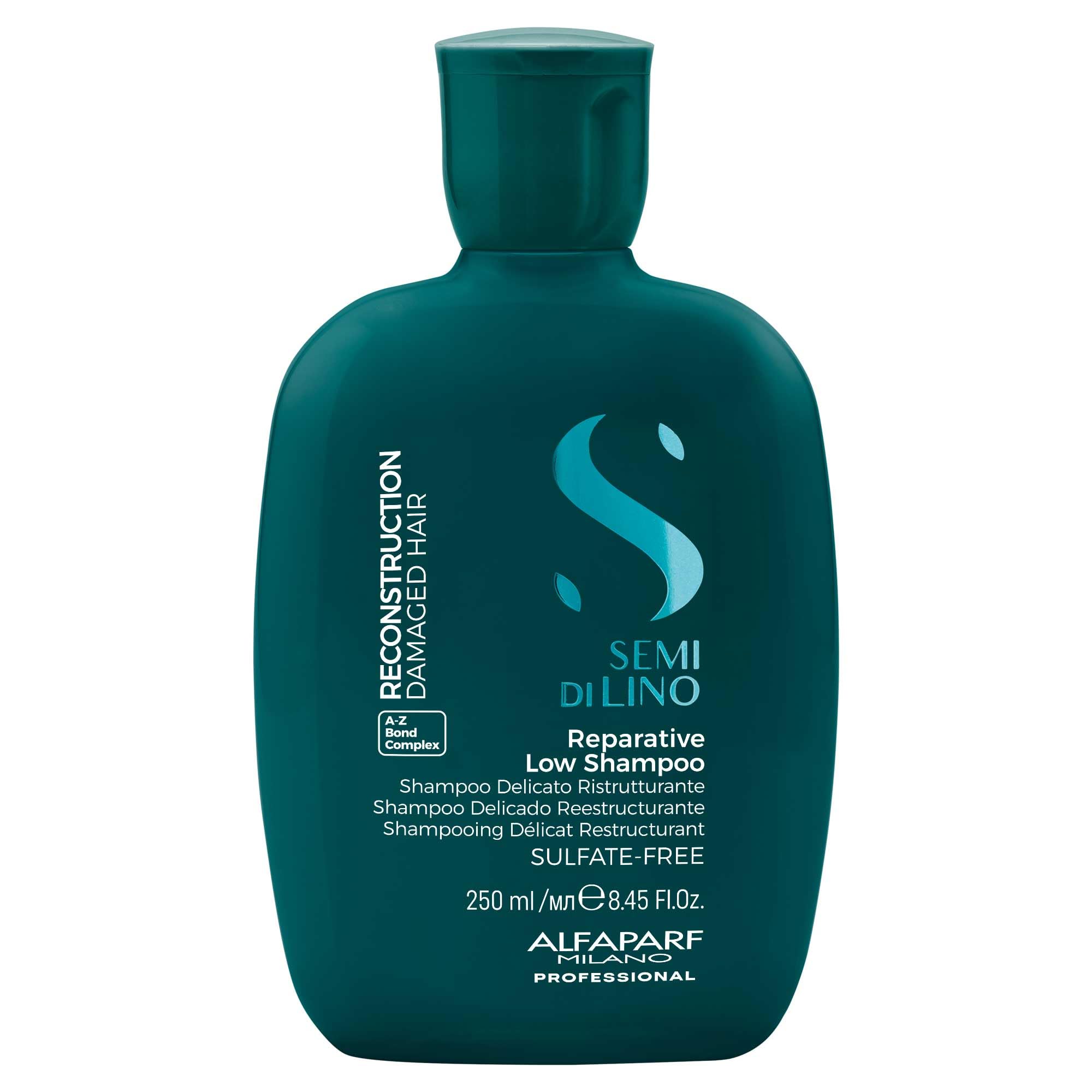 Alfaparf Milano Reconstruction Shampoo label close-up highlighting sulfate-free formula for color-treated hair