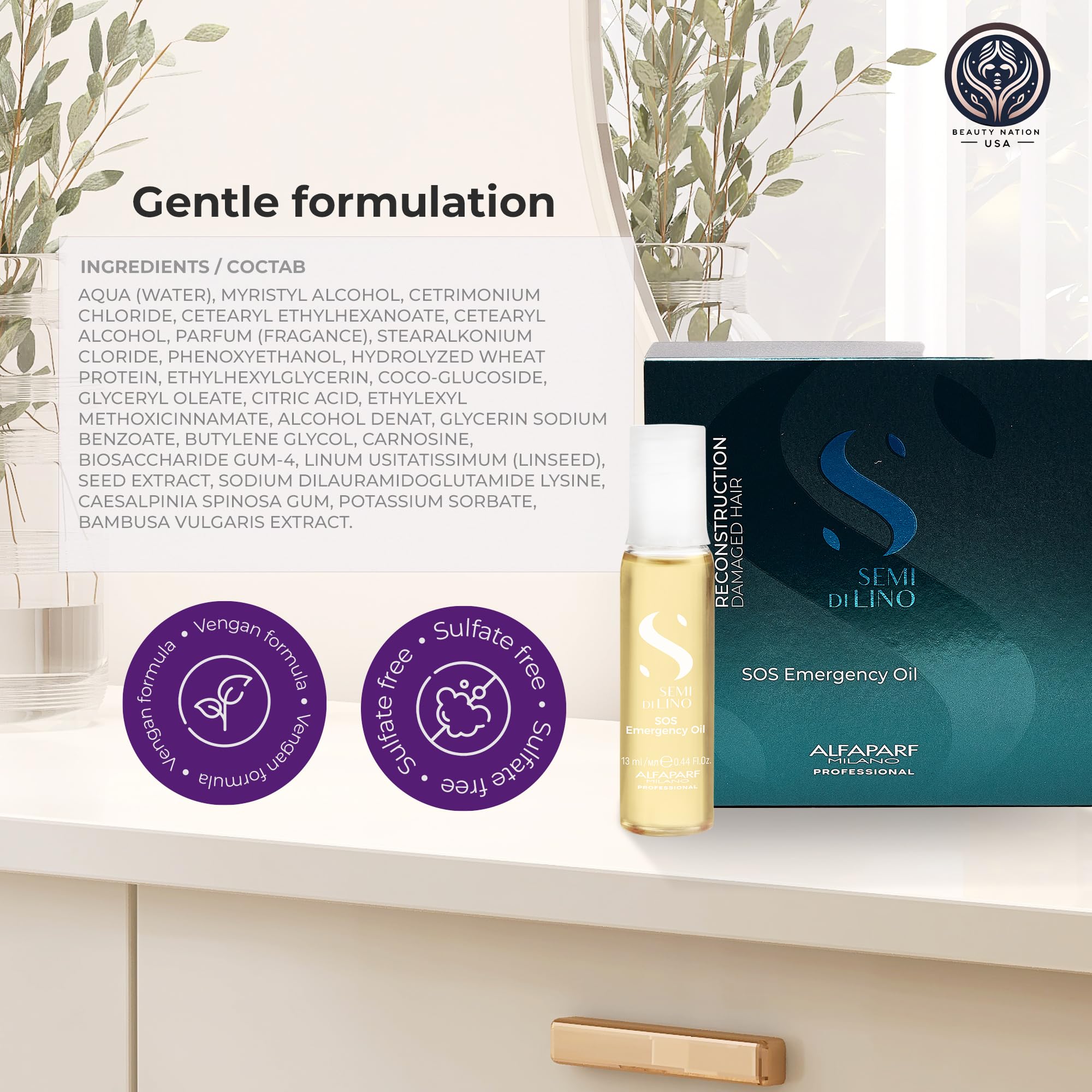 Alfaparf SOS Reconstruction oil branding with Beauty Nation USA.