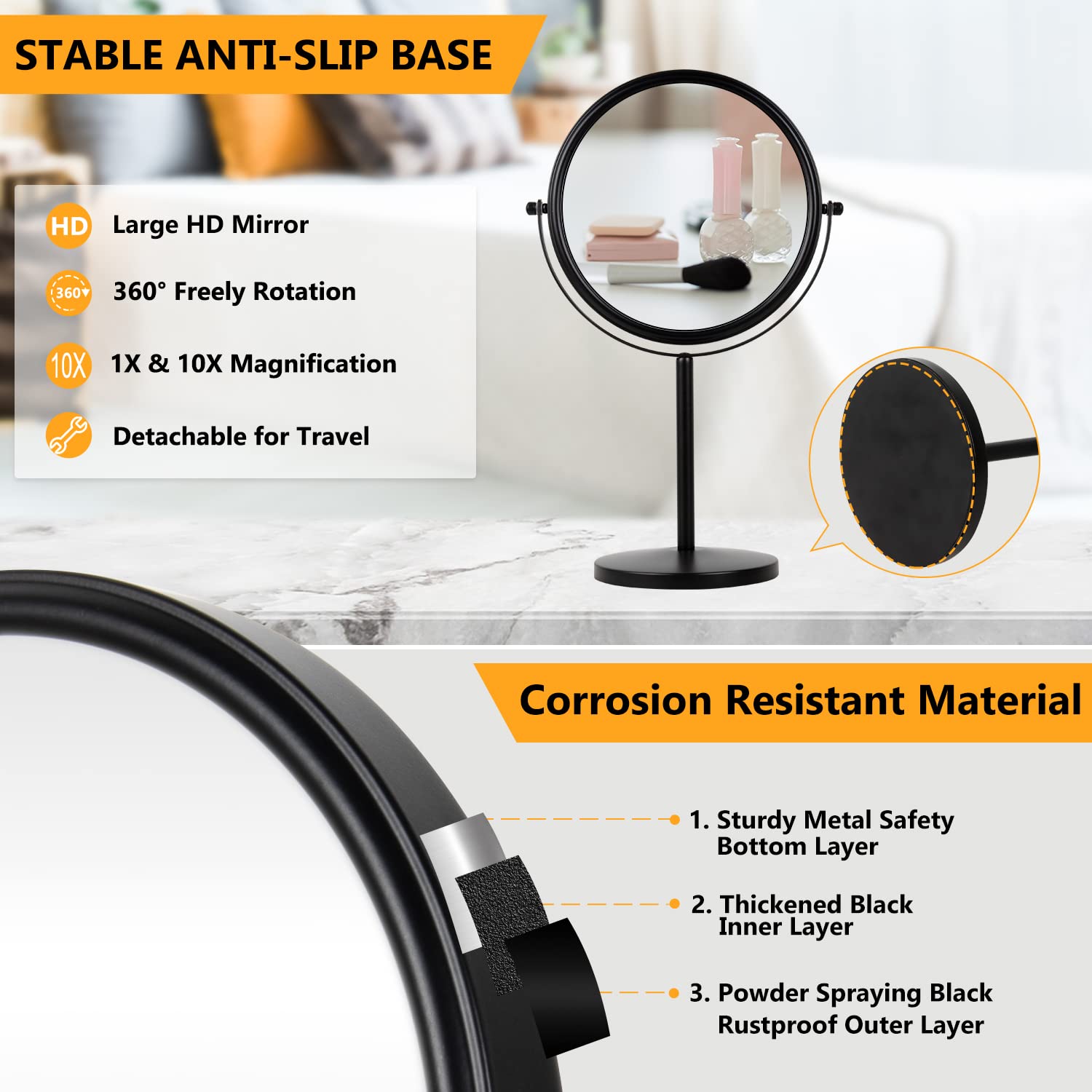 ALHAKIN anti-slip base keeps the mirror steady on any vanity