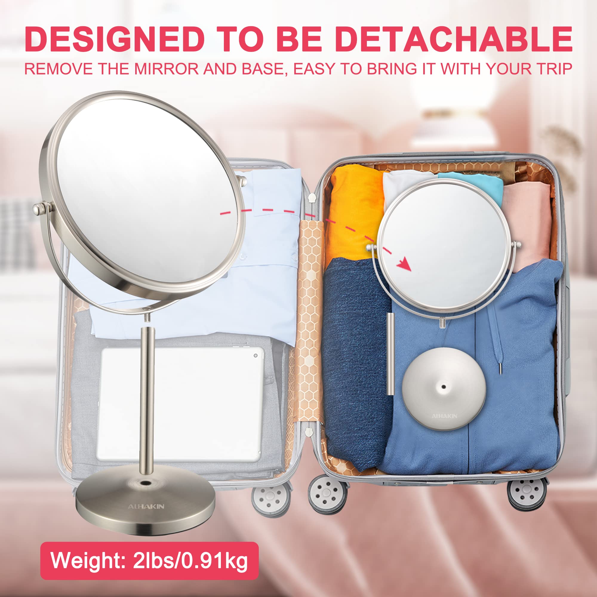 ALHAKIN nickel finished makeup mirror adds elegance and durability.