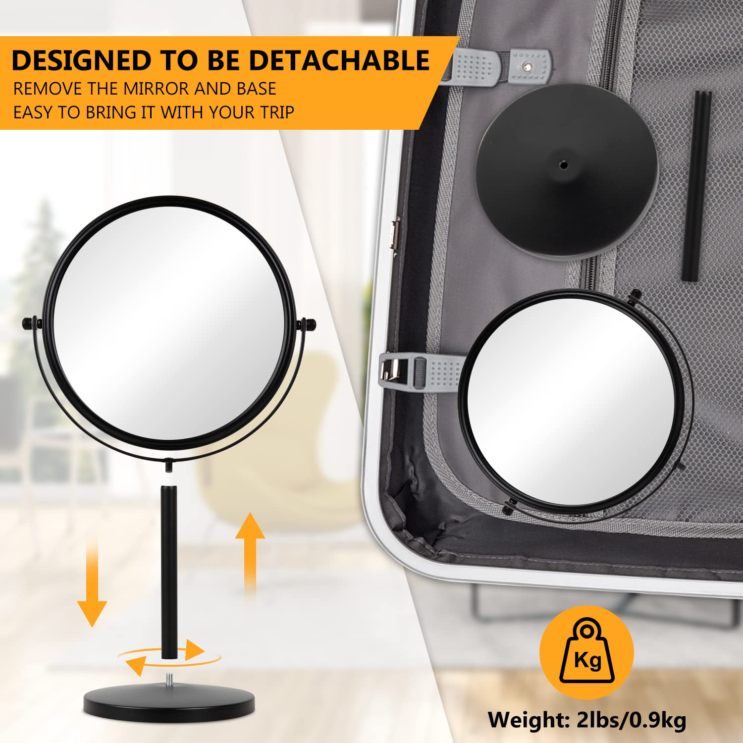Removable base of ALHAKIN mirror for easy travel packing