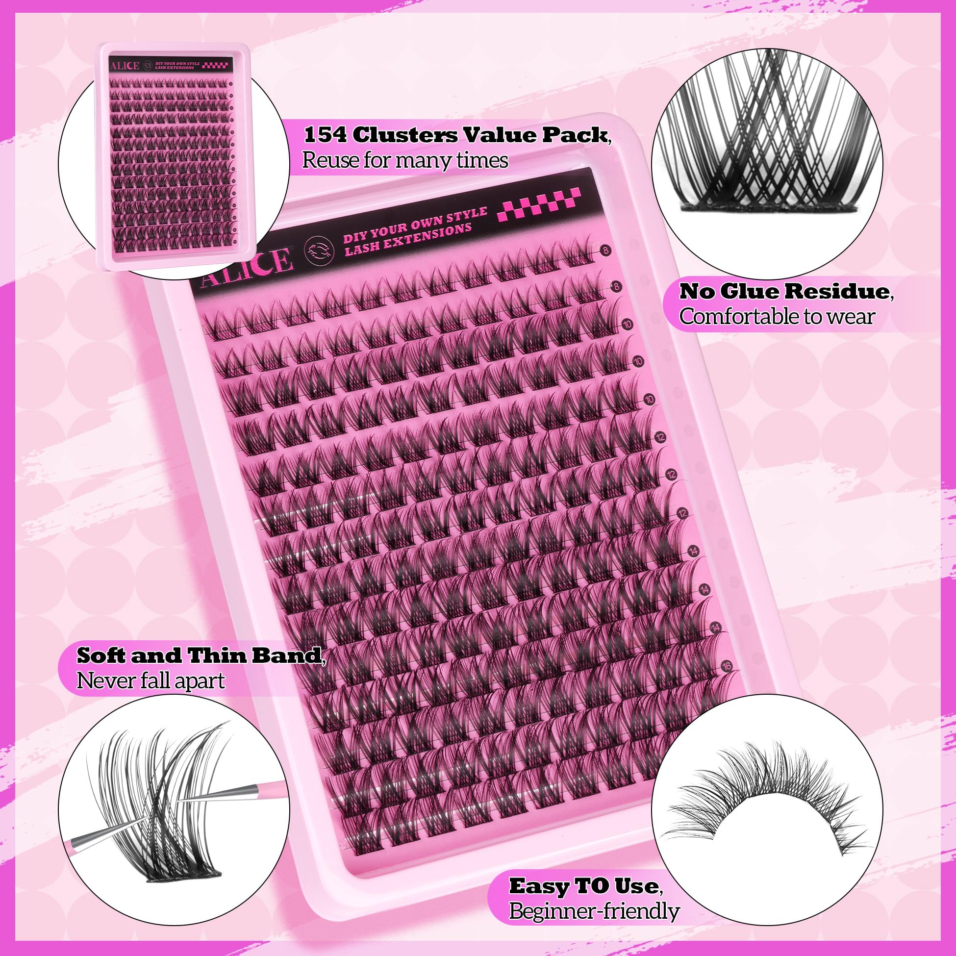 ALICE lash-clusters deliver a flawless finish with quick, precise at-home application.