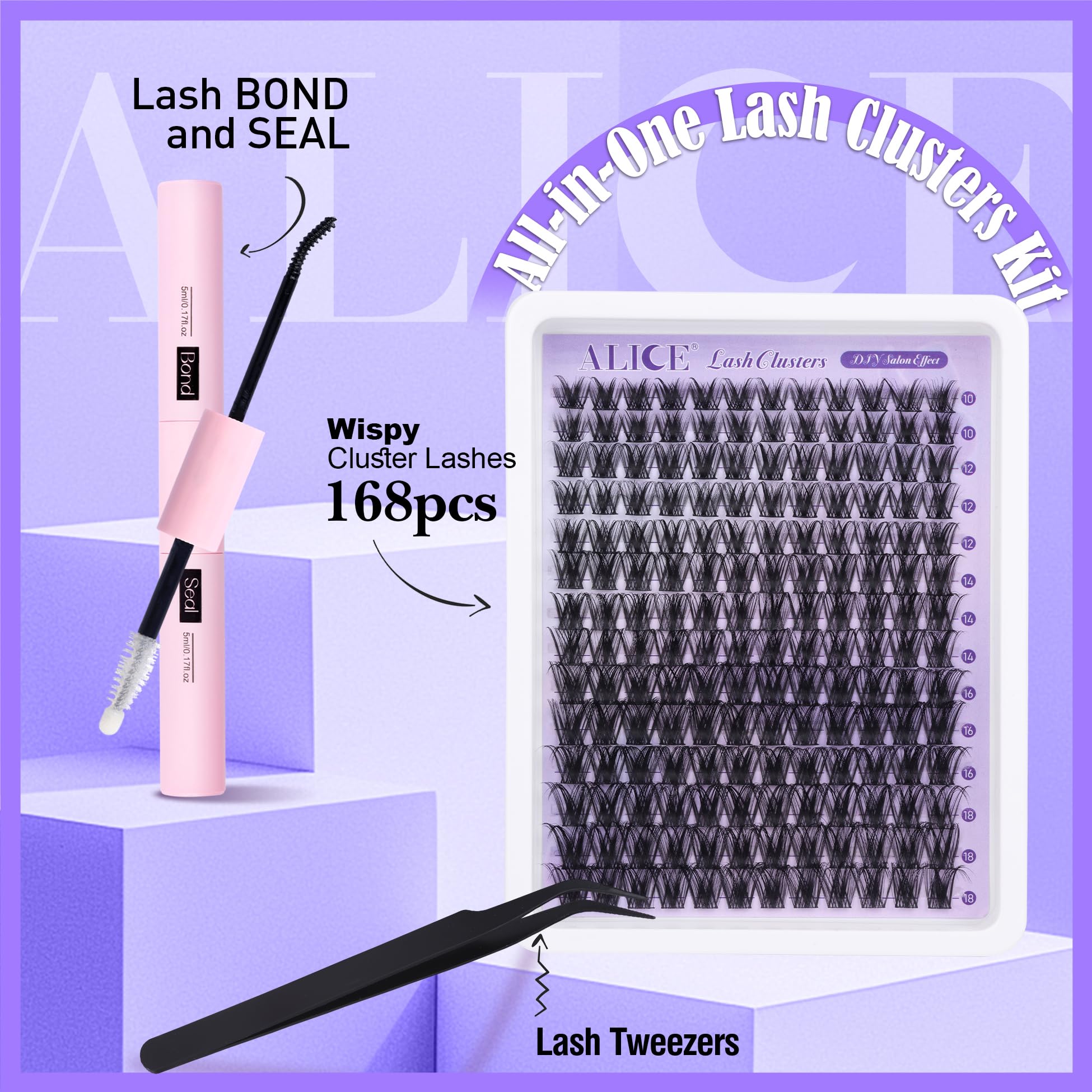 ALICE Lash Clusters kit contents shown: 168 pieces for customization.