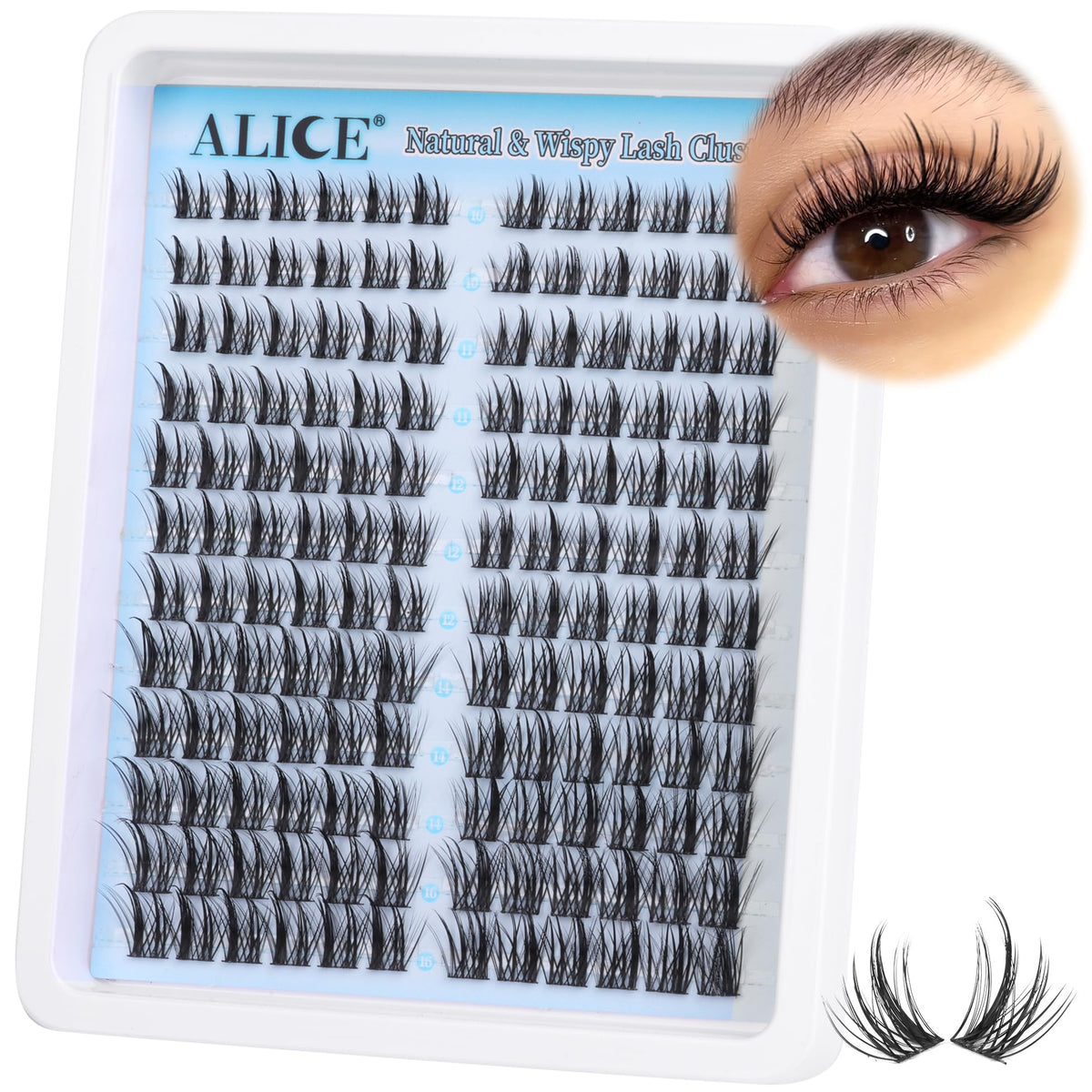 ALICE Natural Lash Clusters pack showing wispy lengths for DIY styling and customization.
