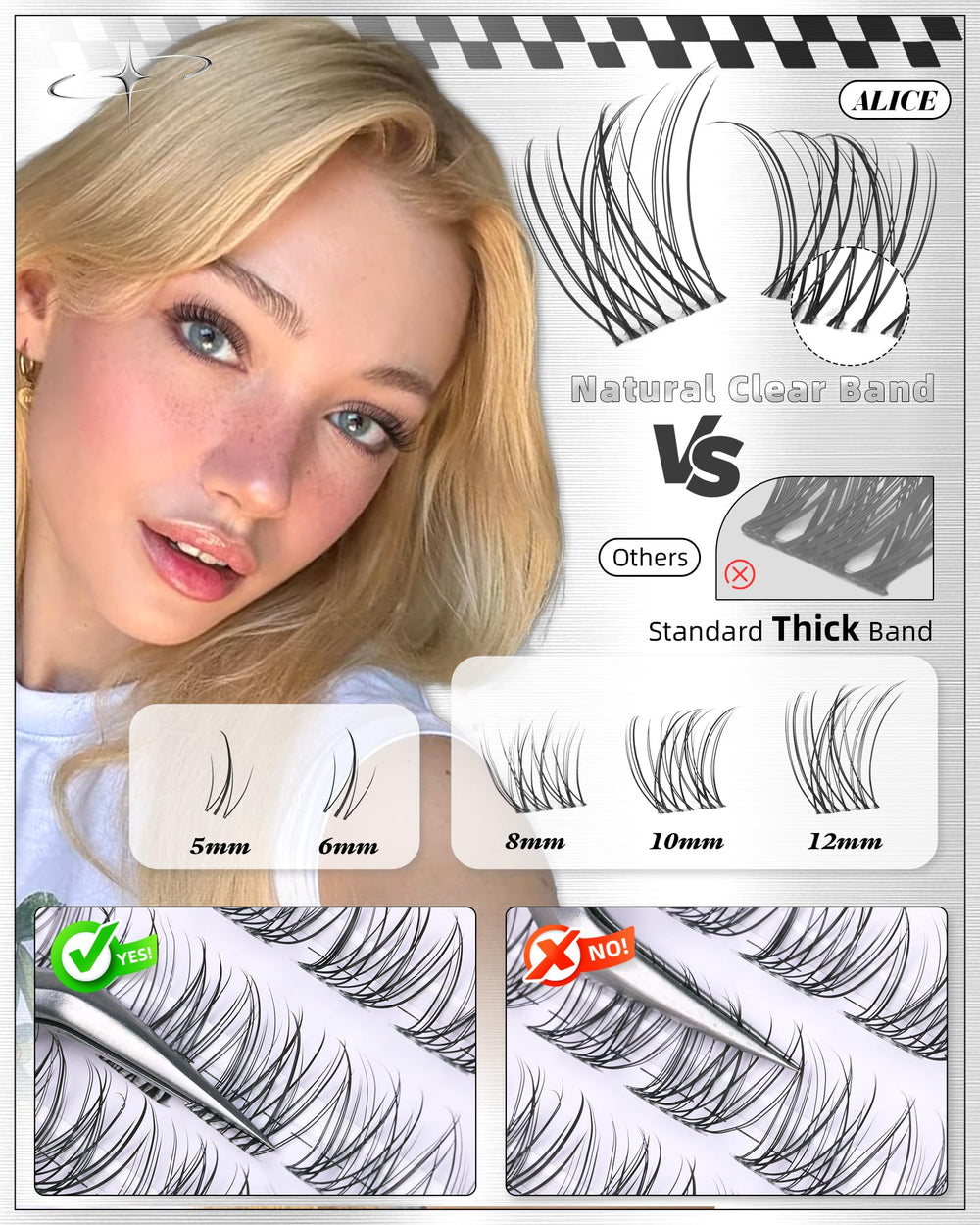 ALICE 8-12mm clear-band on-eye view showing seamless blend with natural lashes