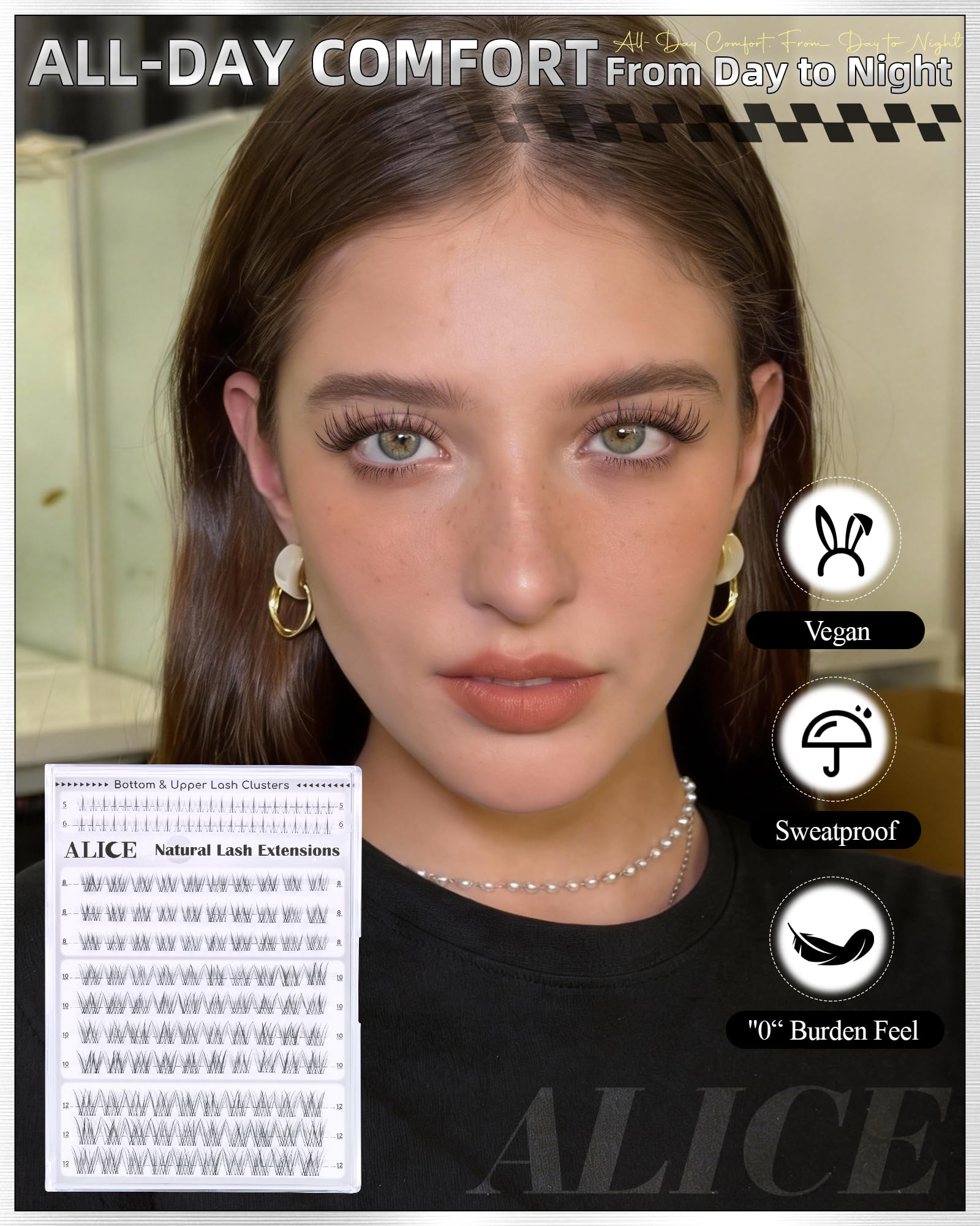 ALICE Natural Short Lash Clusters 8-12mm clear-band packaging shown for beginners