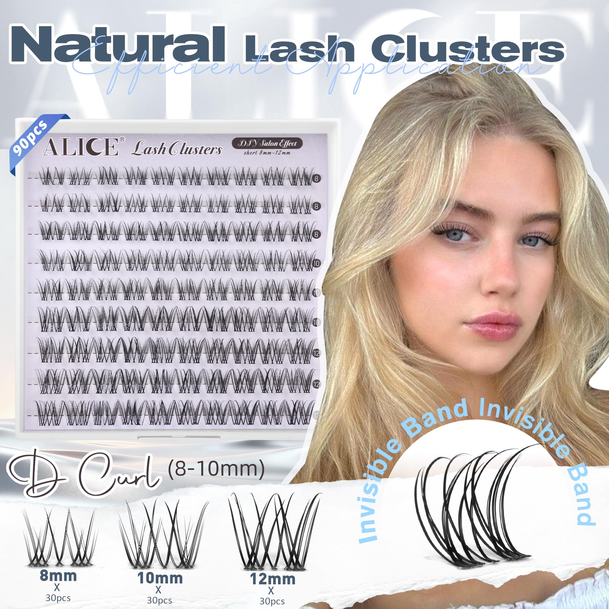 ALICE natural lash clusters show 8-12mm wispy length for a refreshed gaze.
