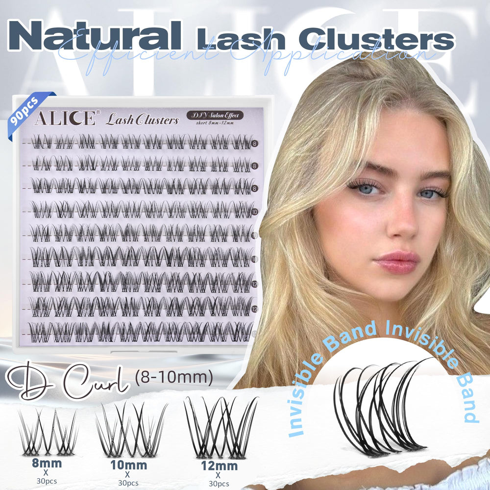 ALICE natural lash clusters show 8-12mm wispy length for a refreshed gaze.
