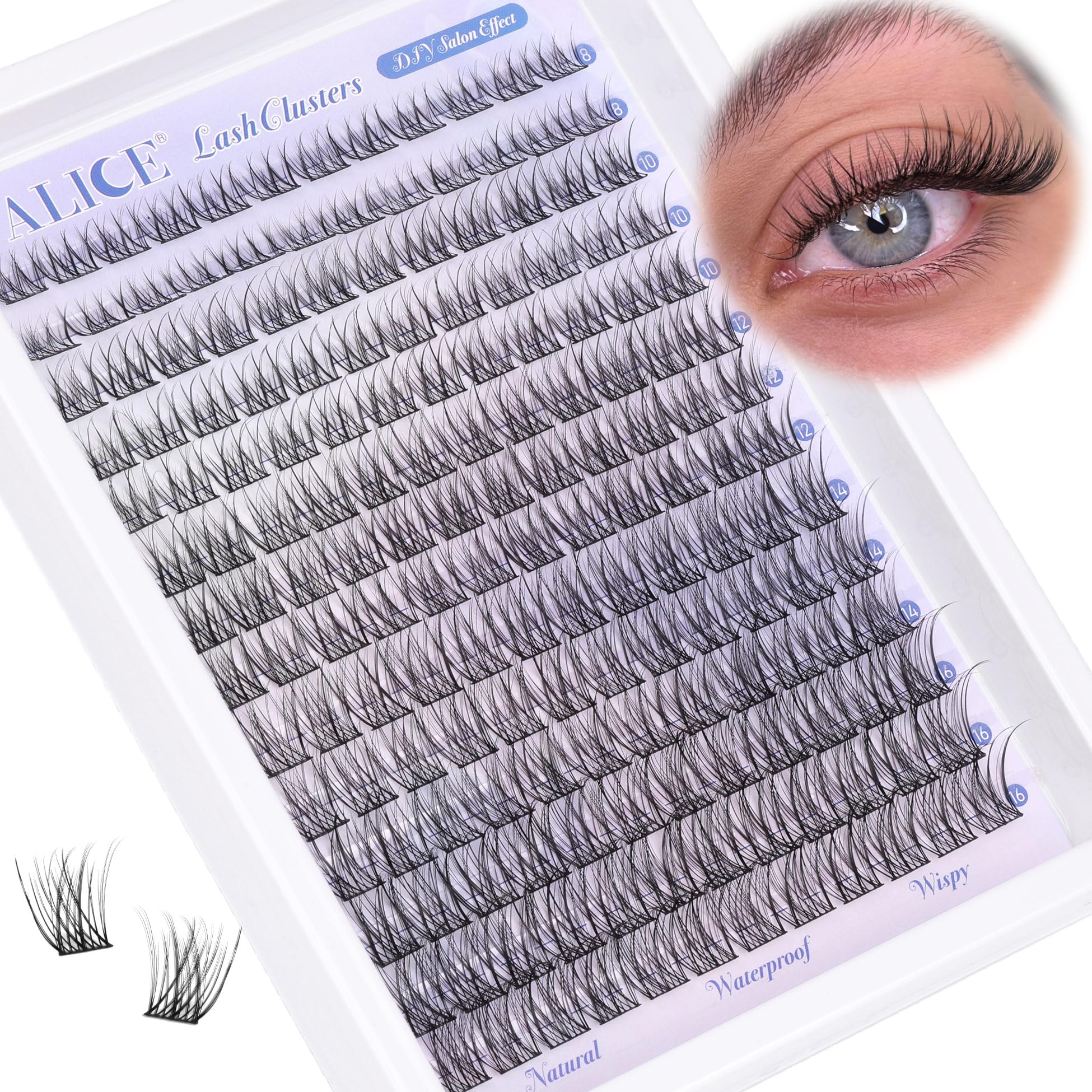 ALICE natural wispy cluster lashes 8-16mm for subtle daily enhancement.