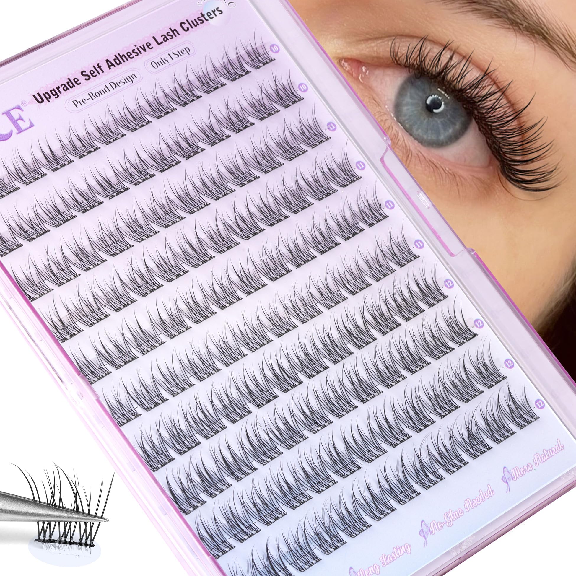ALICE self-adhesive lashes close-up natural 10-12mm clusters for effortless daily wear.