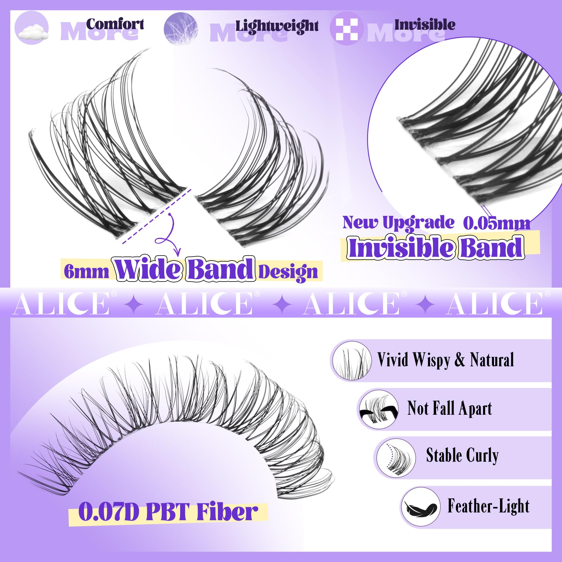 ALICE Wispy Lash Clusters in 8-16 mm lengths enable DIY natural volume with mixed-length clusters.