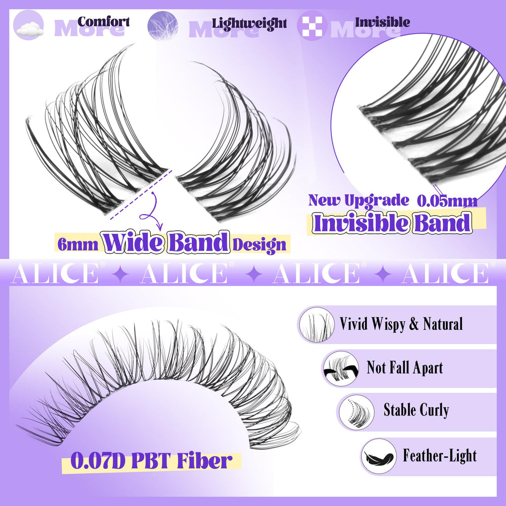 ALICE Wispy Lash Clusters in 8-16 mm lengths enable DIY natural volume with mixed-length clusters.