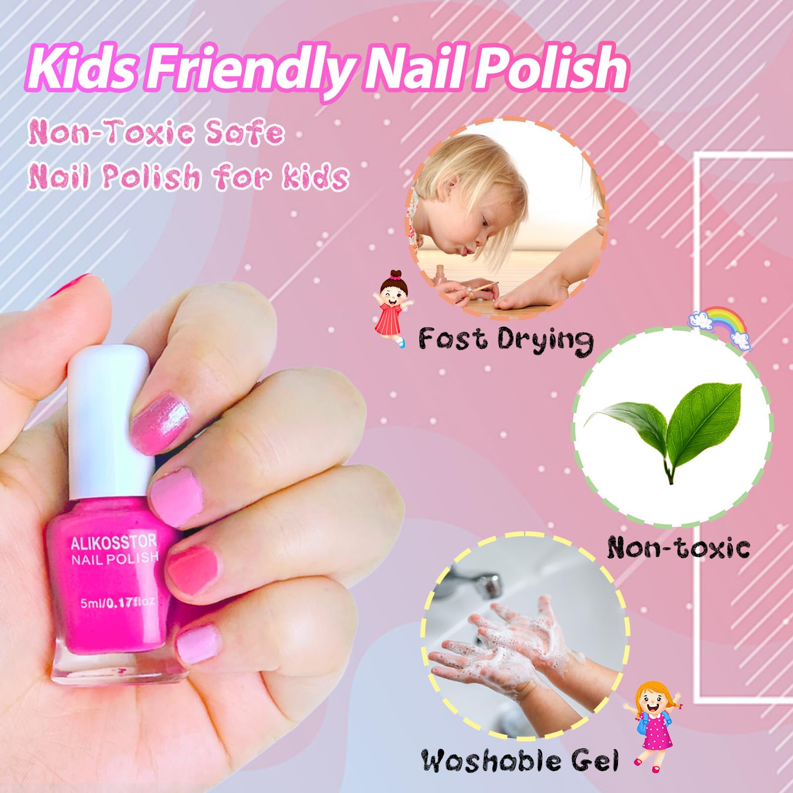 ALIKOSSTOR esmalte infantil no tóxico, seguridad para uñas pequeñas.