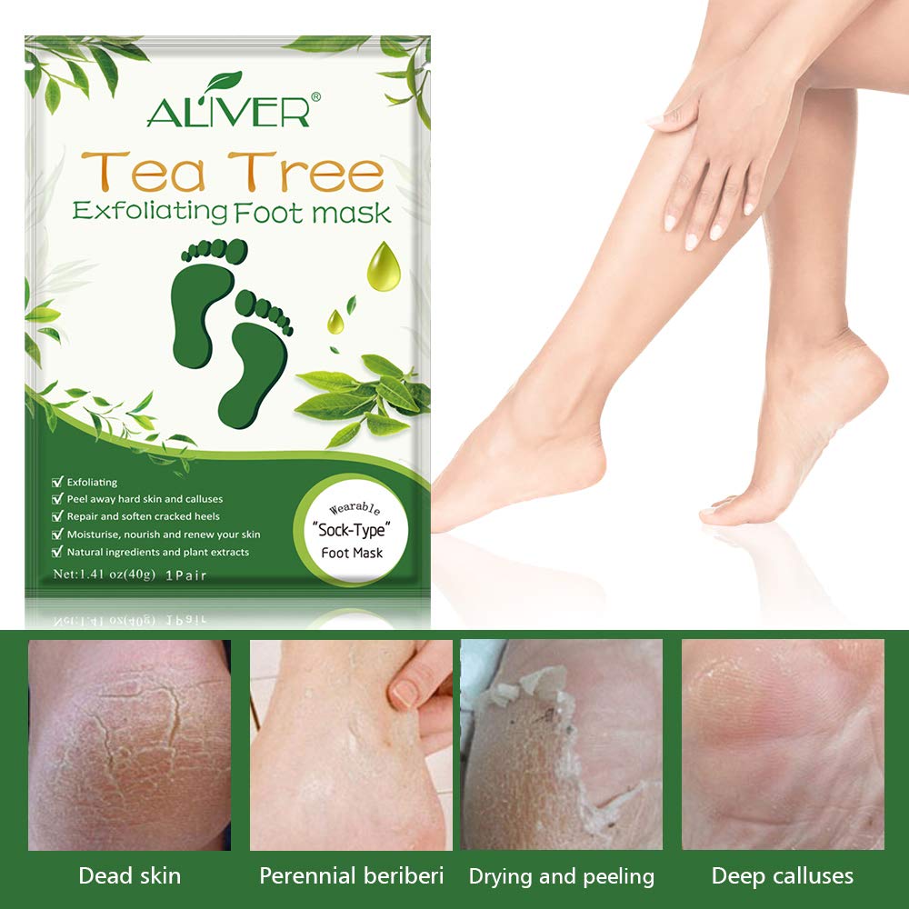 ALIVER mascarilla exfoliante para pies, textura suave y extractos botánicos visibles.