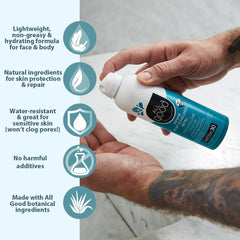 All Good Sport Sunscreen Spray applied to palm for easy rubbing in.