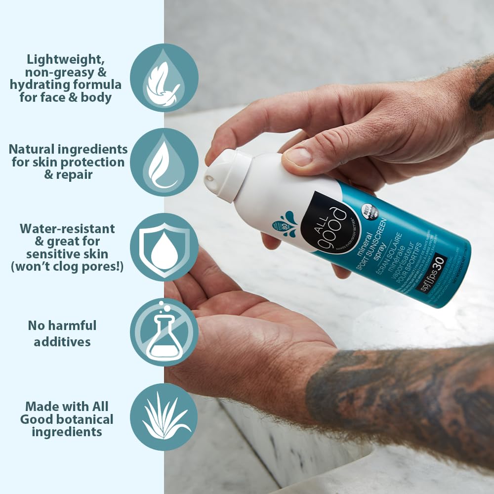 All Good Sport Sunscreen Spray label highlights zinc-based reef-friendly formula.