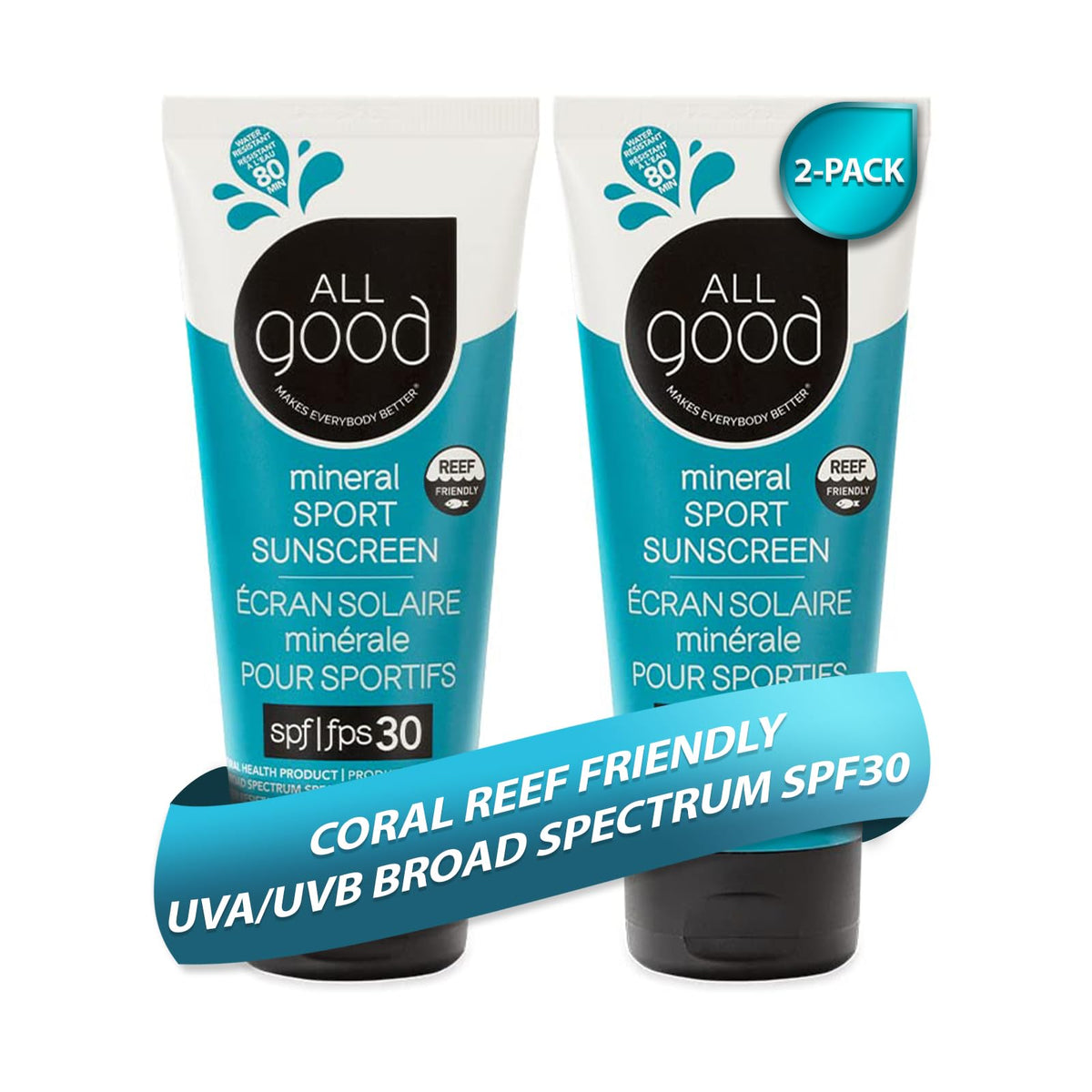 All Good Sunscreen Sport Lotion bottle front shows the 2-pack and SPF 30+ for outdoor use.