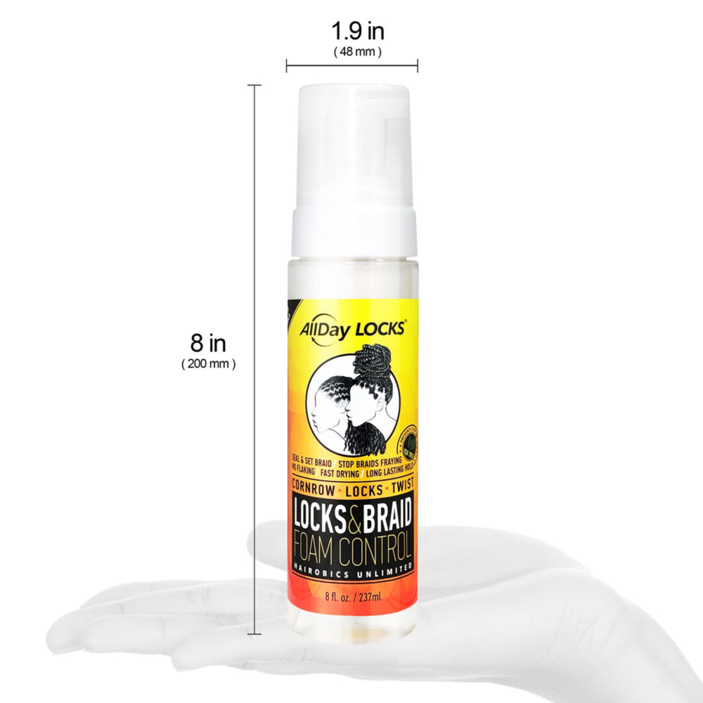 AllDay Locks Braid Foam acabado brillante para trenzas y twists.