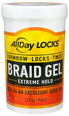 AllDay Locks Braid Gel Extreme Hold jar shows strong, all-day grip for sleek braids