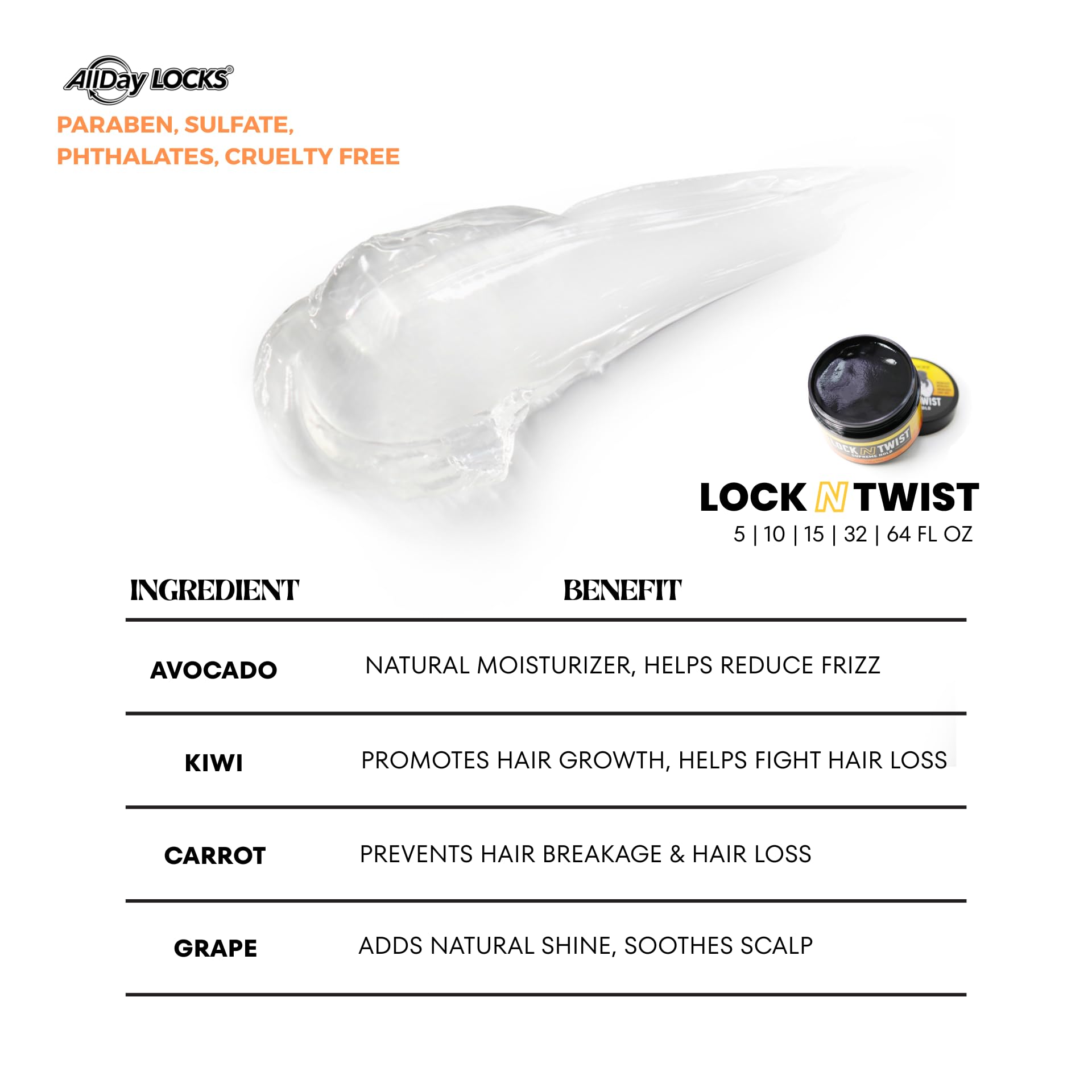 AllDay Locks protective moisture formula hydrates while you re-twist for smooth, guarded looks.