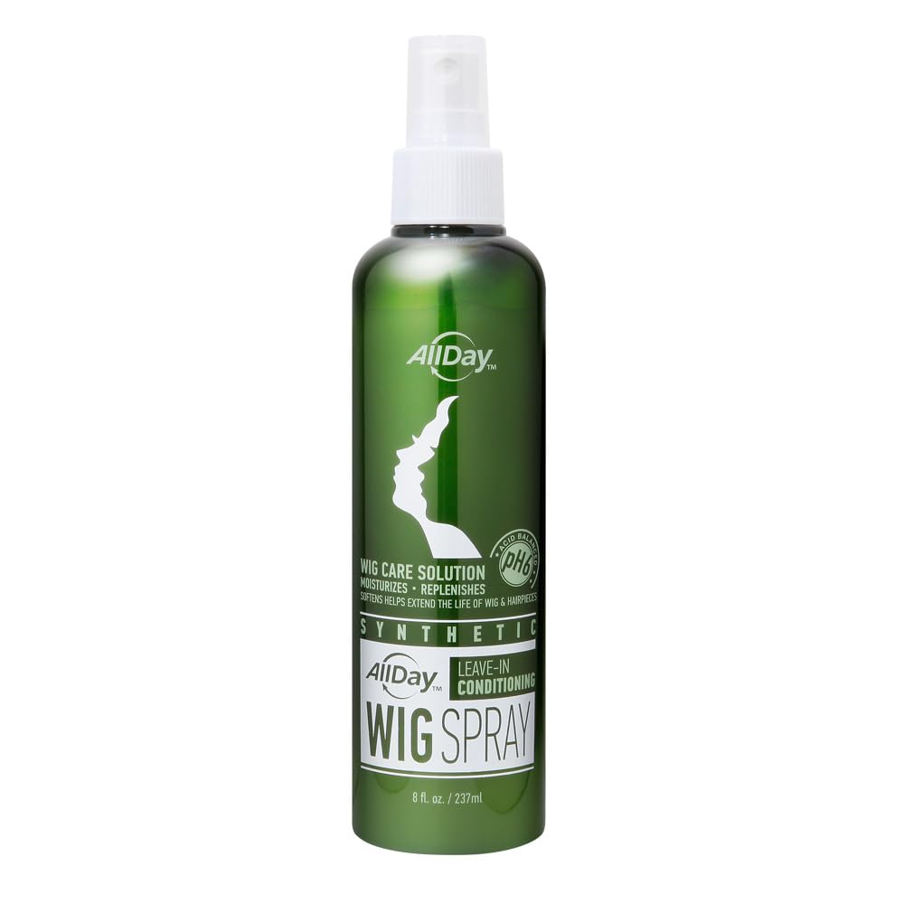 AllDay Locks wig spray bottle close-up with a quick-drying formula for fresh-looking synthetic wigs.