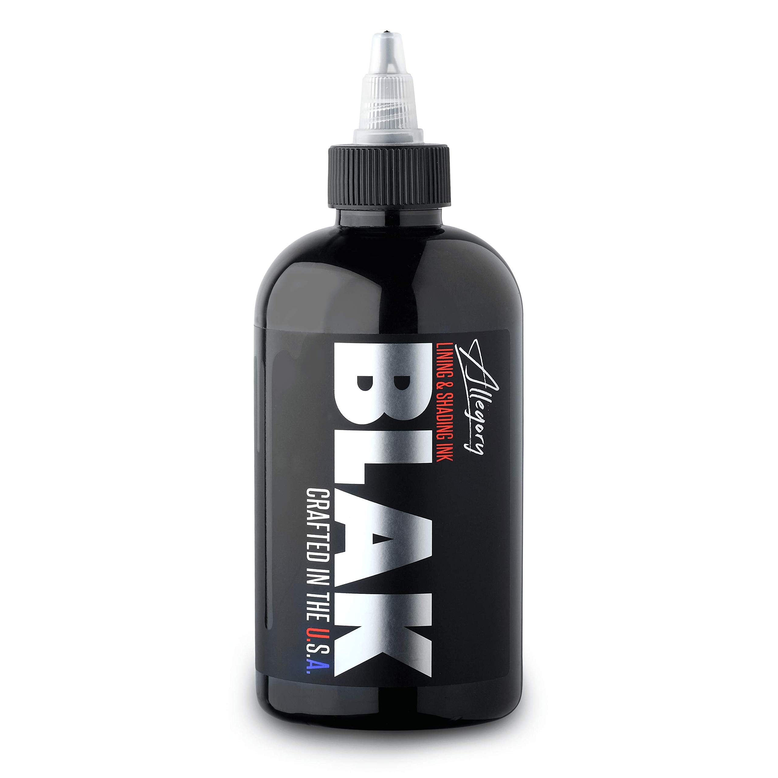 Allegory Blak tattoo ink bottle pour; smooth, consistent pigment for precise lines