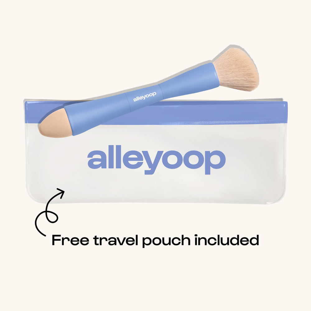ALLEYOOP vegan bristles logo close-up emphasizes cruelty-free, premium feel.