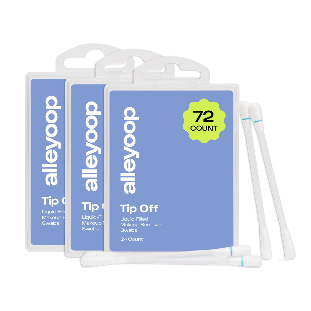 ALLEYOOP Tip Off packaging displays convenient makeup remover swabs