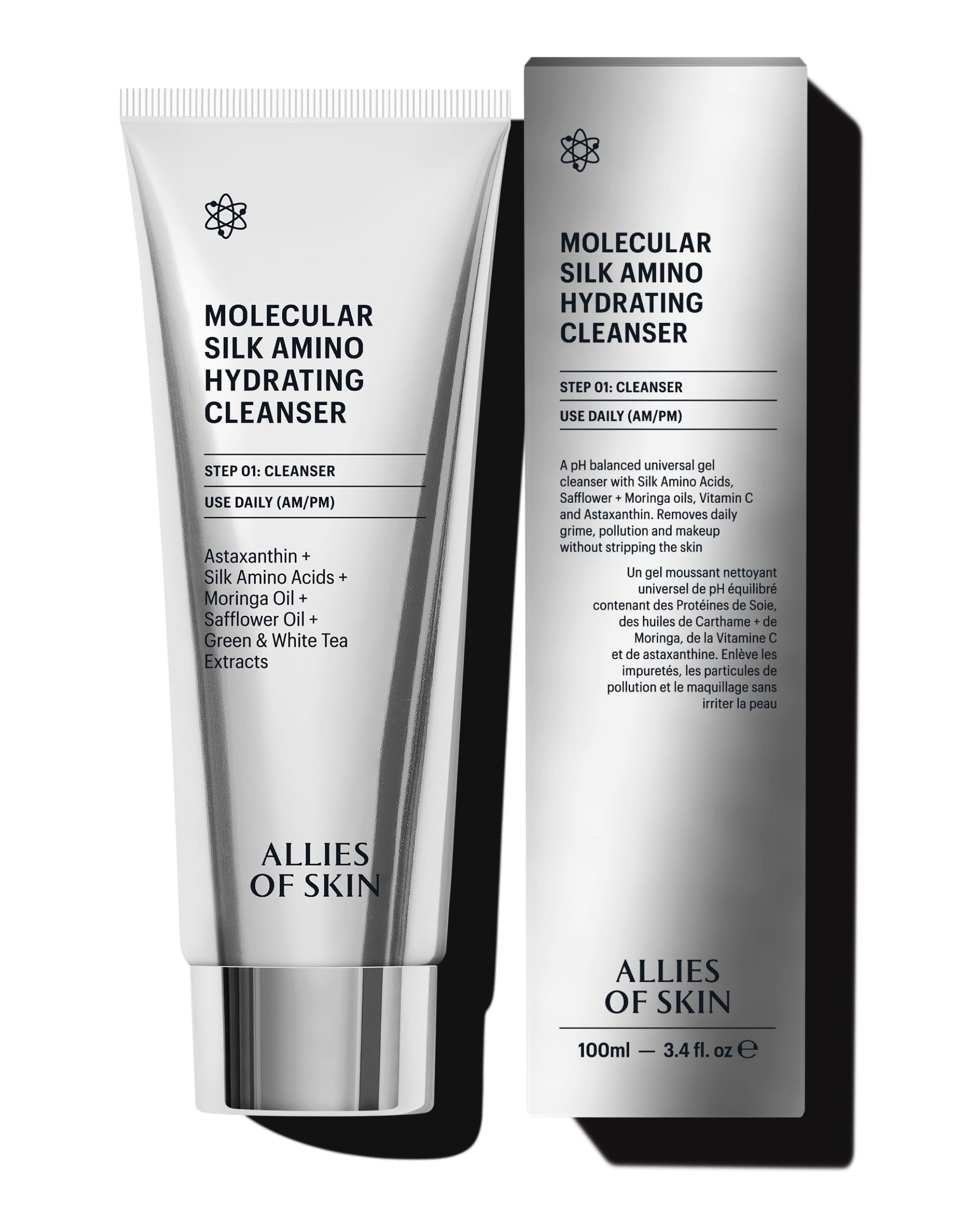 Allies of Skin Hydrating Silk Amino Face Cleanser bottle showing silky, hydrating daily wash
