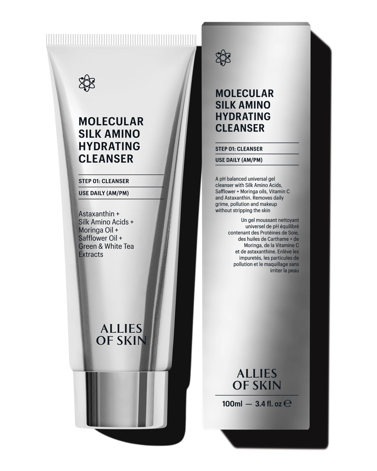 Allies of Skin Hydrating Silk Amino Face Cleanser bottle showing silky, hydrating daily wash