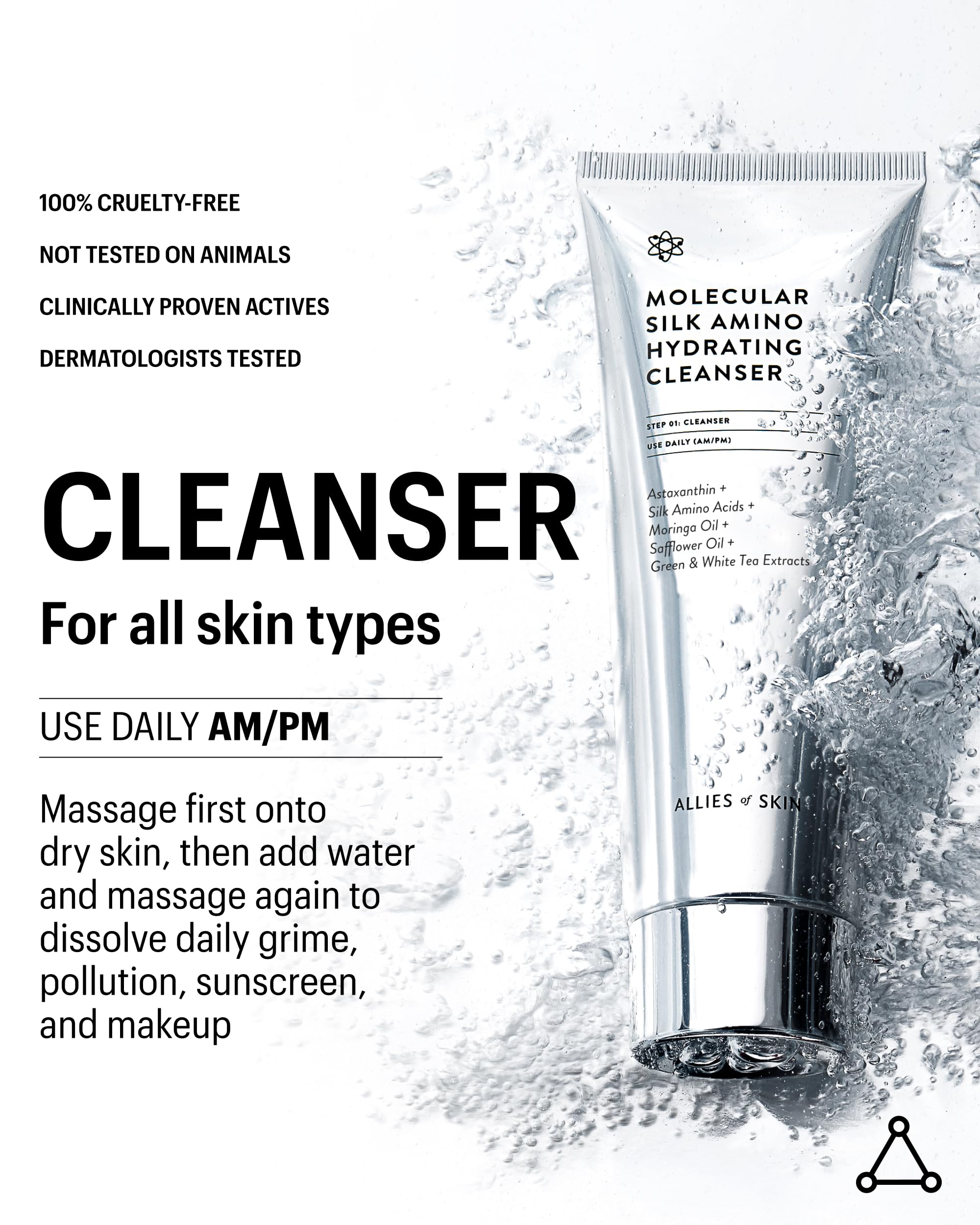 Allies of Skin packaging highlighting silicone, sulfate, and phthalate-free formula