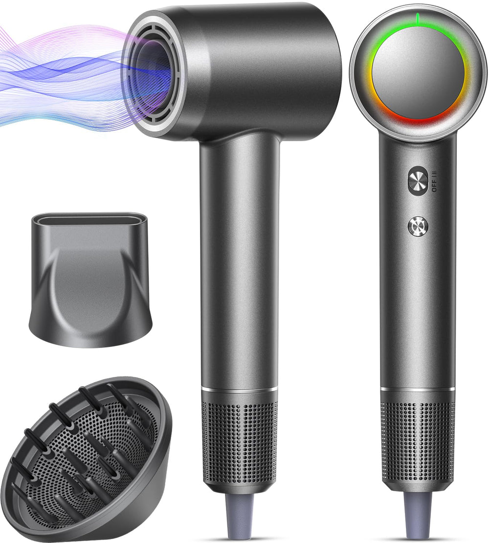Alloom hair dryer front view in gunmetal finish for professional styling
